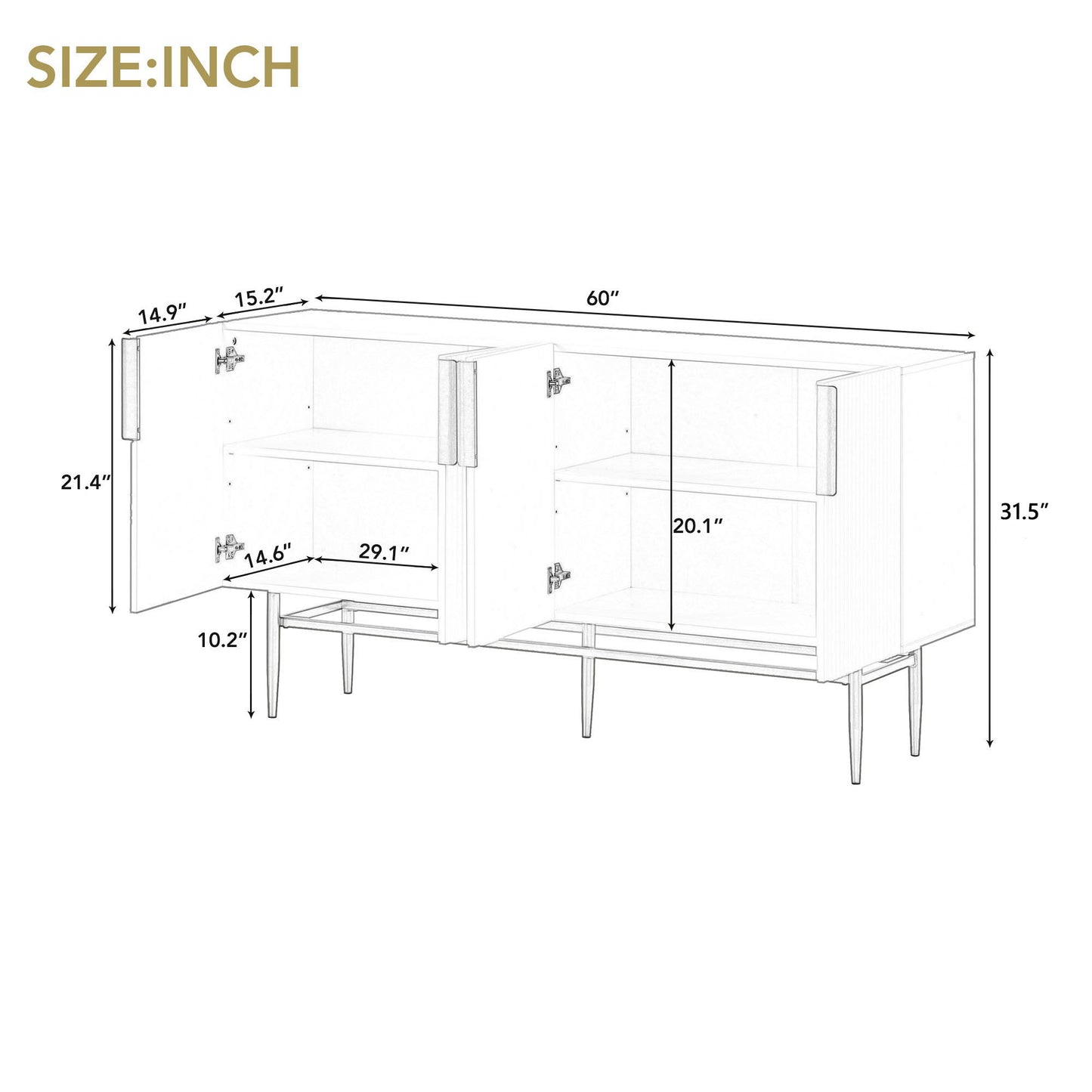 Modern Elegant 4 Door Sideboard Gold Metal Handle Buffet Cabinet For Dining Room, Living Room, Bedroom, Hallway