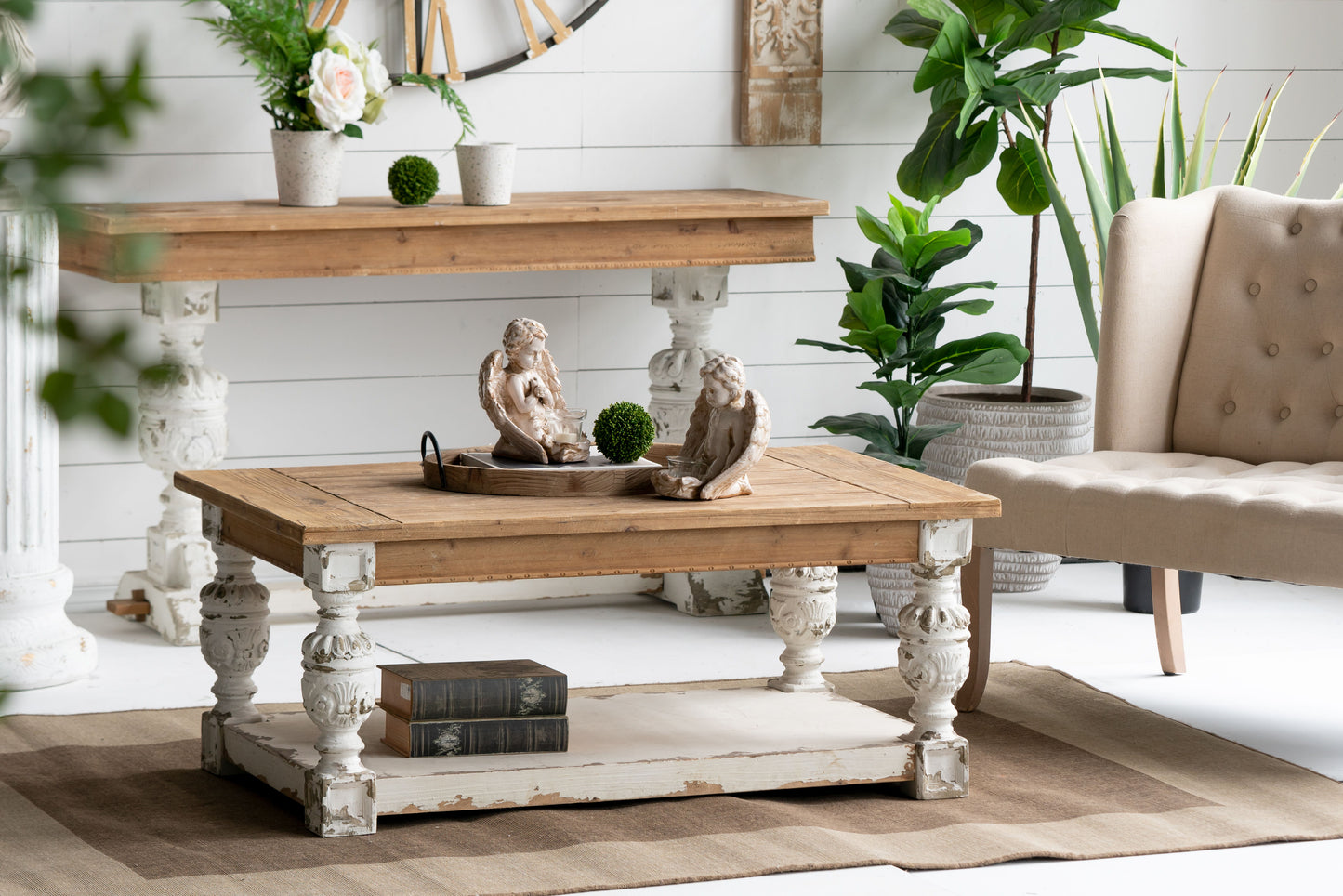 Rectangle Coffee Wooden Coffee Table, French Country Coffee Table - Brown / Antique White