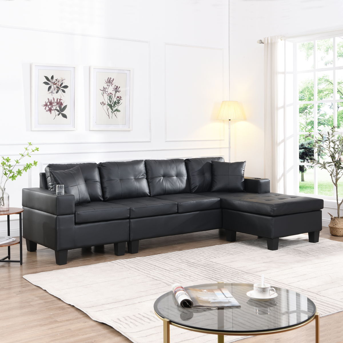 Sectional Sofa Set For Living Room With L Shape Chaise Lounge, Cup Holder, Left Or Right Hand Chaise Modern 4 Seat - Black