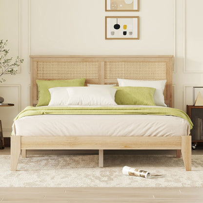 Queen Size Rubber Wooden, Solid Wooden Bed With Rattan Headboard, Enhanced By Support Feet - Natural