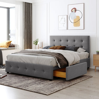 Queen Size Upholstered Platform Bed With Classic Headboard And 4 Drawers, No Box Spring Needed - Light Gray