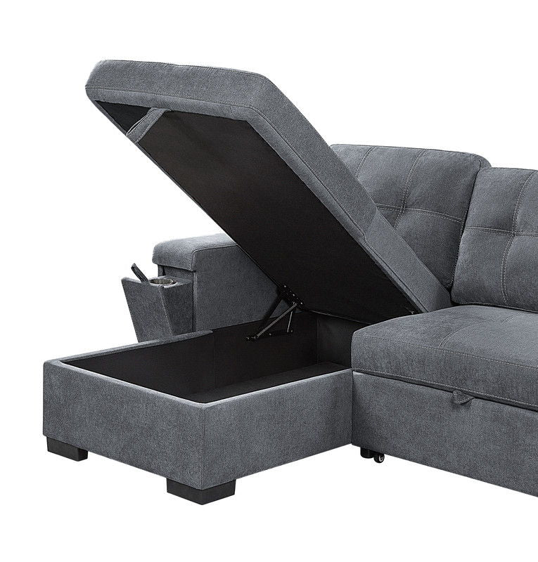 Toby - Woven Fabric Reversible Sleeper Sectional Sofa With Storage Chaise Cup Holder Charging Ports And Pockets