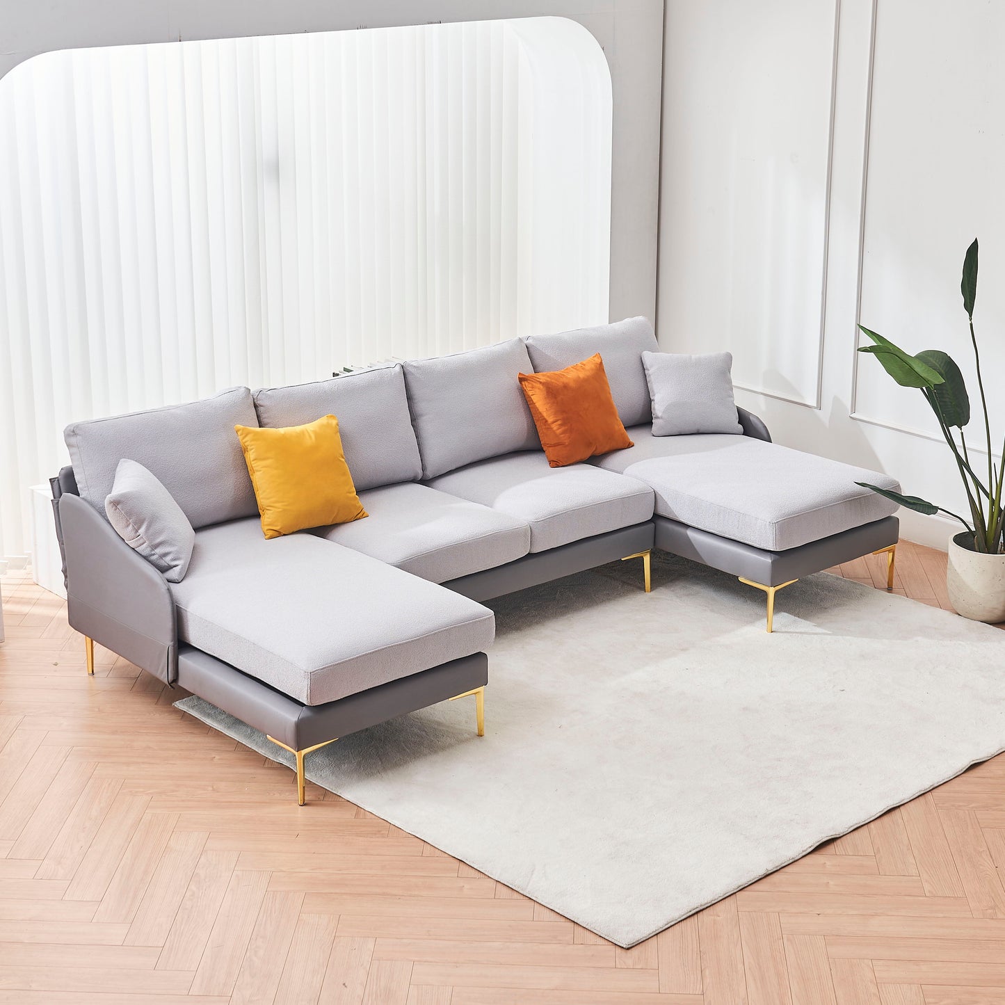 Modern Large Area Linen+Leathaire Fabric Color Matching Segmented Sofa, Ultra Wide Lounge Chair