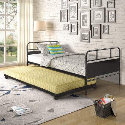 Twin Size Metal Daybed Platform Bed Frame With Trundle Built In Casters - Black