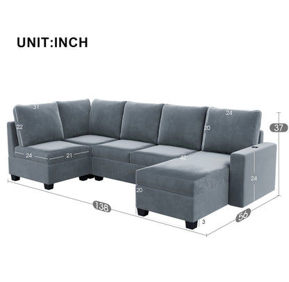 Modern L Shape Sectional Sofa, 6 Seat Velvet Couch With Convertible Chaise Lounge, Freely Combinable Indoor Furniture For Living Room