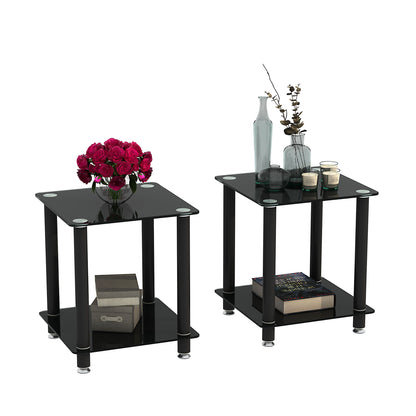 2 Piece Side Table, 2 Tier Space End Table, Modern Night Stand, Sofa Table, Side Table With Storage Shelve - Black