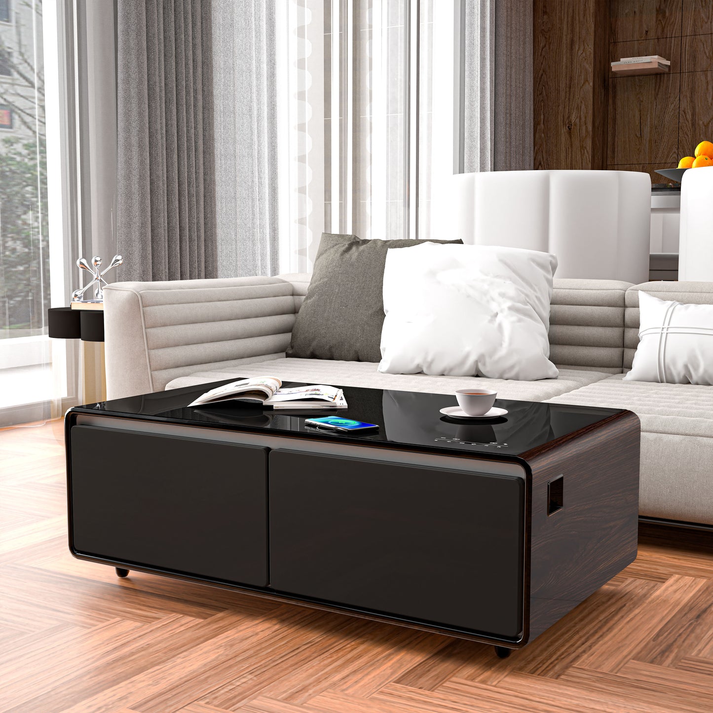 Modern Smart Coffee Table With Built-In Fridge, Bluetooth Speaker, Wireless Charging Module, Touch Control Panel, Power Socket, USB Interface, Outlet Protection, Atmosphere Light