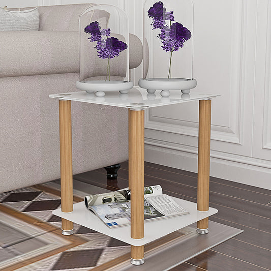 2 Piece Side Table, 2 Tier Space End Table, Modern Night Stand, Sofa Table, Side Table With Storage Shelve - White / Oak