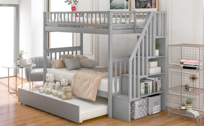 Twin Over Twin Bunk Bed With Trundle And Storage - Gray