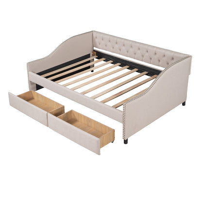 Full Size Upholstered Daybed With Two Drawers, Wood Slat Support