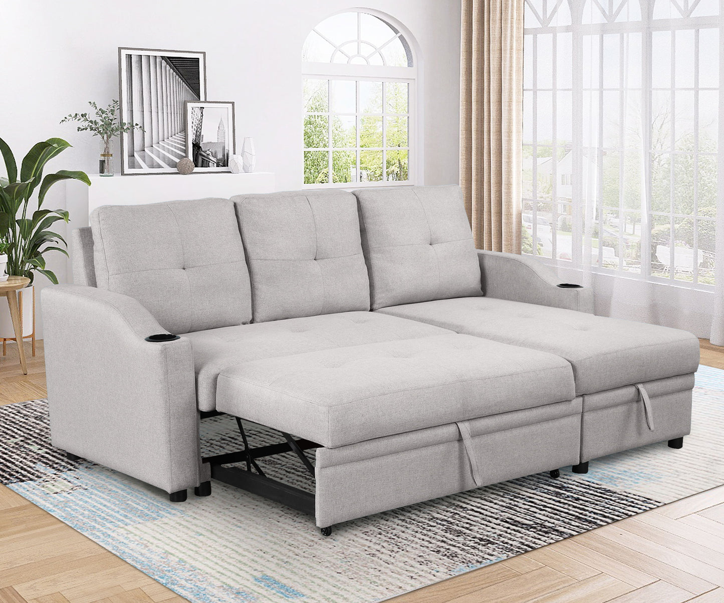 Pull Out Sofa Bed Modern Padded Upholstered Sofa Bed, Linen Fabric 3 Seater Couch With Storage Chaise And Cup Holder, Small Couch For Small Spaces