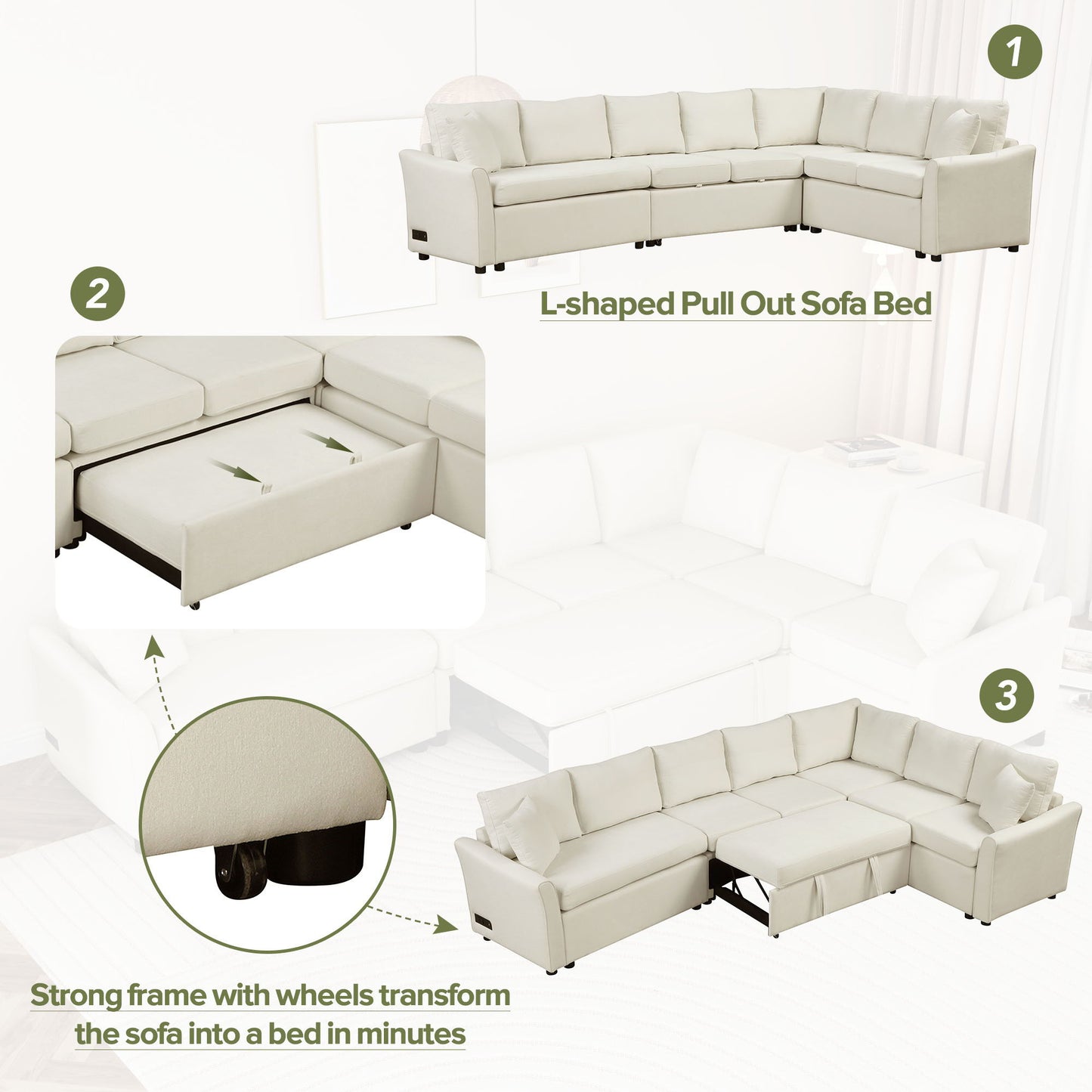 L-Shaped Sofa Convertible Sofa Bed Pull Out Sofa Sleeper With Two Back Pillows, Two USB Ports And Two Power Sockets For Living Room