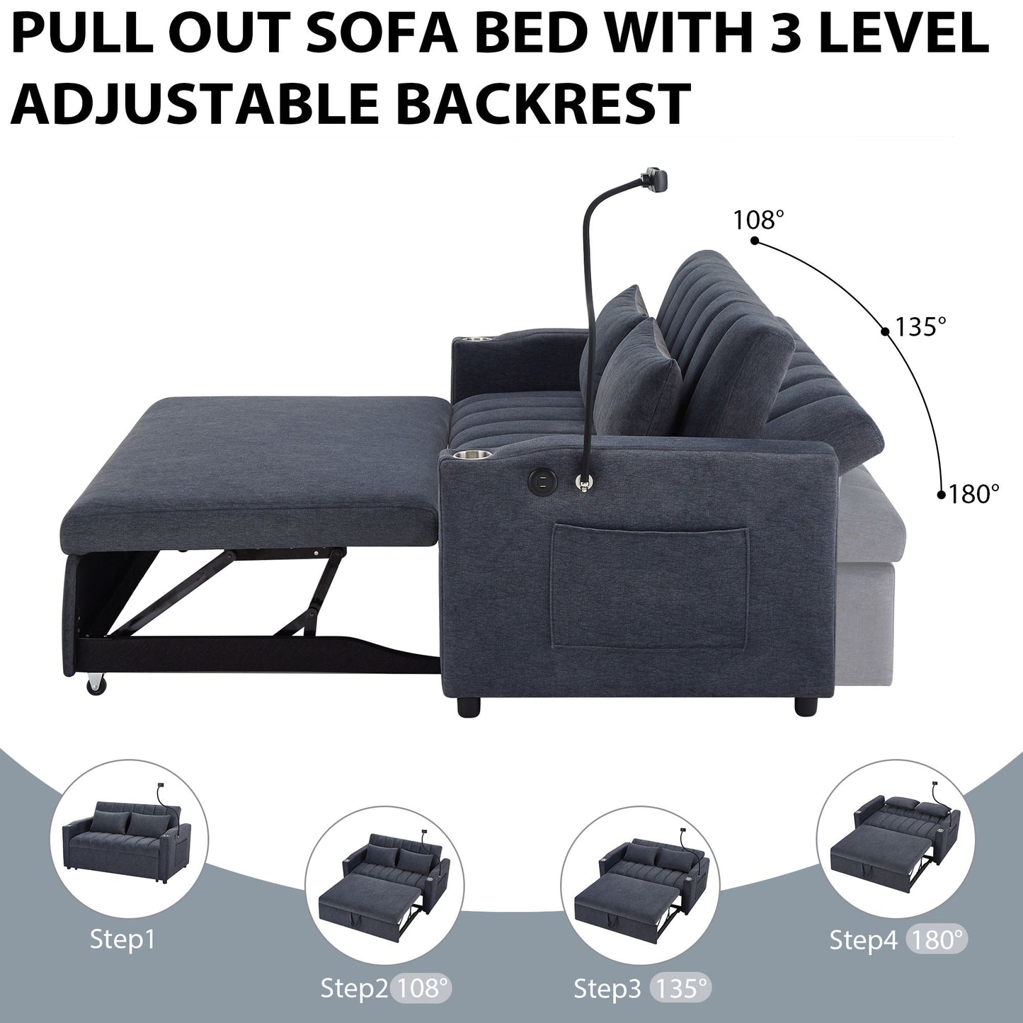 Convertible Sofa Bed Loveseat Sofa With Three USB Ports, Two Side Pockets, Two Cup Holders And 360° swivel Phone Holder For Living Room