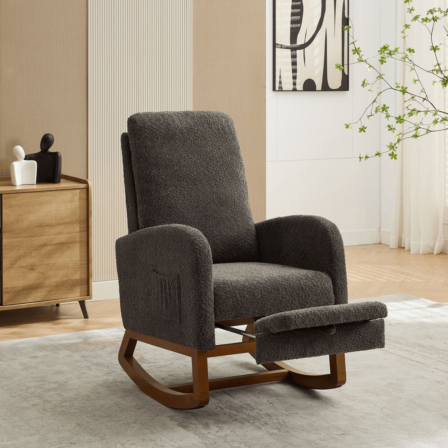 Rocking Chair For Nursery, High Back Glider Chair With Retractable Footrest, Side Pocket, Rocking Accent Armchair With Rubber Wood Legs For Living Room / Bedroom