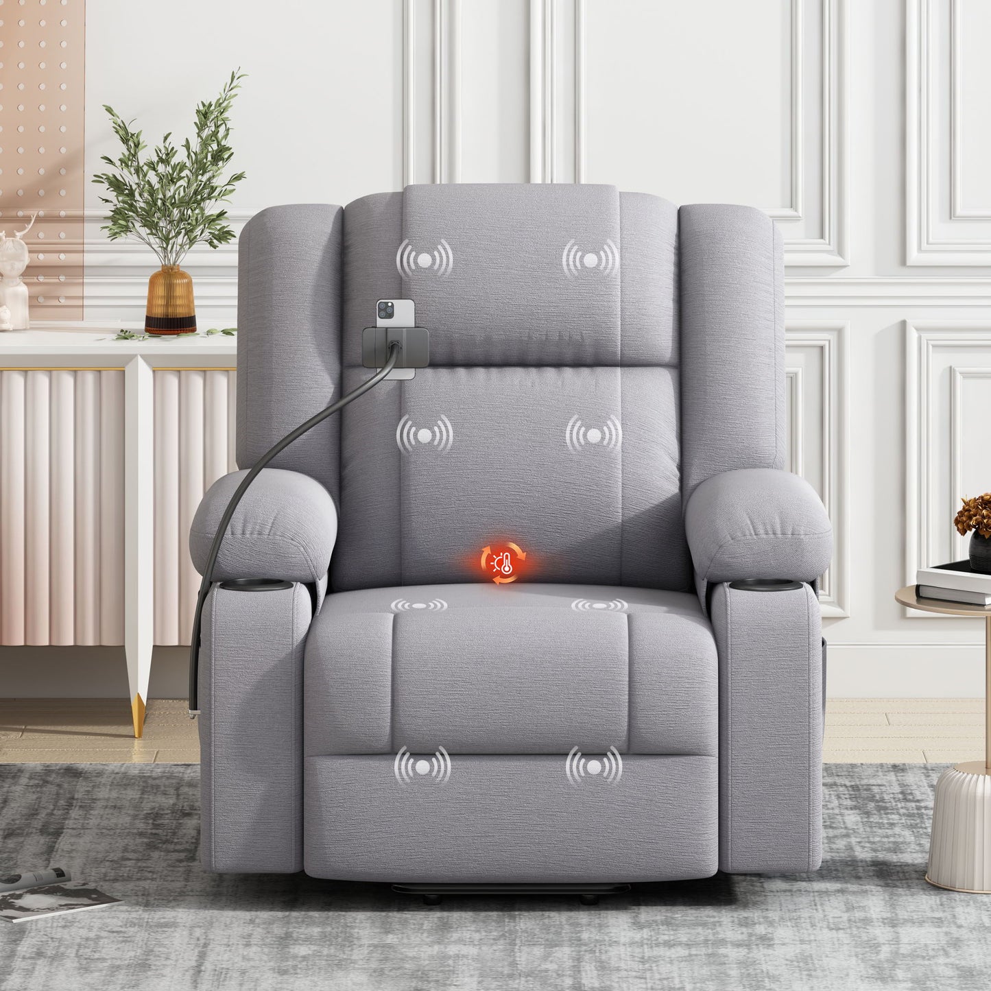 Power Lift Recliner Chair Electric Recliner For Elderly Recliner Chair With Massage And Heating Functions, Remote, Phone Holder Side Pockets And Cup Holders For Living Room