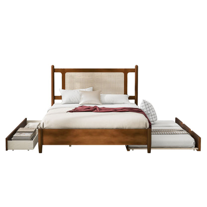 Wooden Rattan Platform Bed, With 2 Big Drawers & Trundle