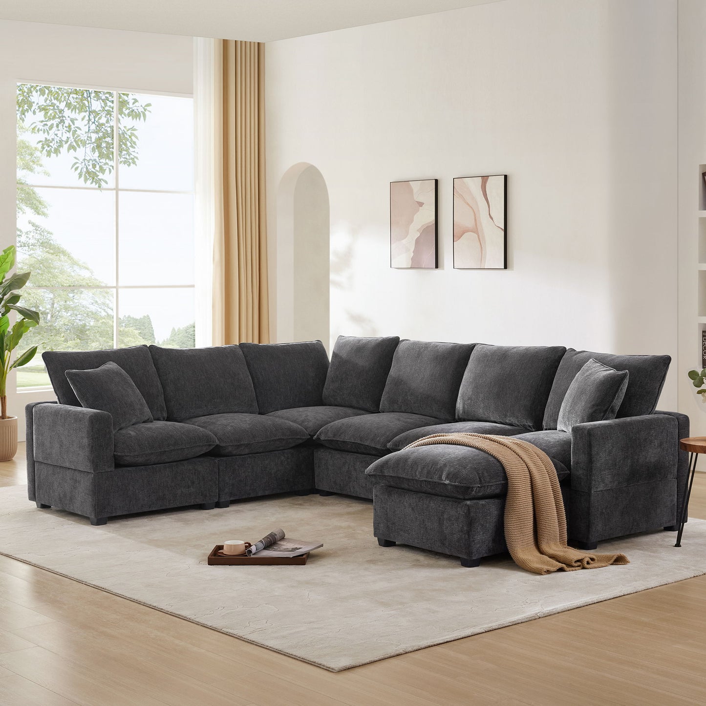 Modern U-Shape Modular Sofa, 7 Seat Chenille Sectional Couch Set With 2 Pillows Included, Freely Combinable Indoor Funiture For Living Room, Apartment, Office