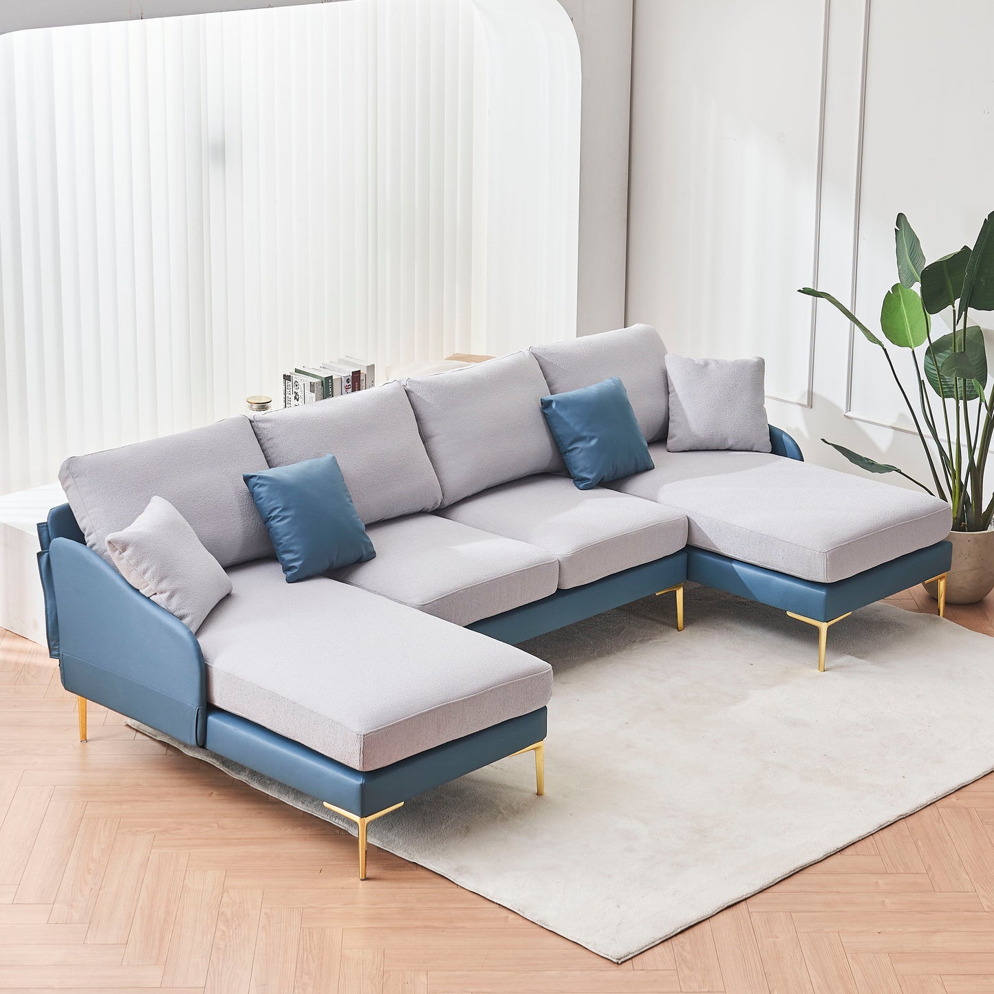 Modern Large Area Linen+Leathaire Fabric Color Matching Segmented Sofa, Ultra Wide Lounge Chair