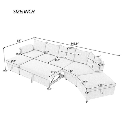 L-Shaped Sofa Sectional Sofa Couch Pull-Out Sofa Bed With A Movable Storage Ottoman, A Storage Chaise Lounge And Two USB Ports For Living Room