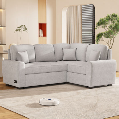 Sectional Sleeper Sofa With USB Charging Port And Plug Outlet, Pull-Out Sofa Bed With 3 Pillows, L-Shape Chaise For Living Room Small Apartment