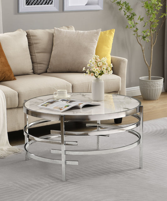 32.48'' Chrome Round Coffee Table With Sintered Stone Top & Sturdy Metal Frame, Modern Coffee Table For Living Room - Silver