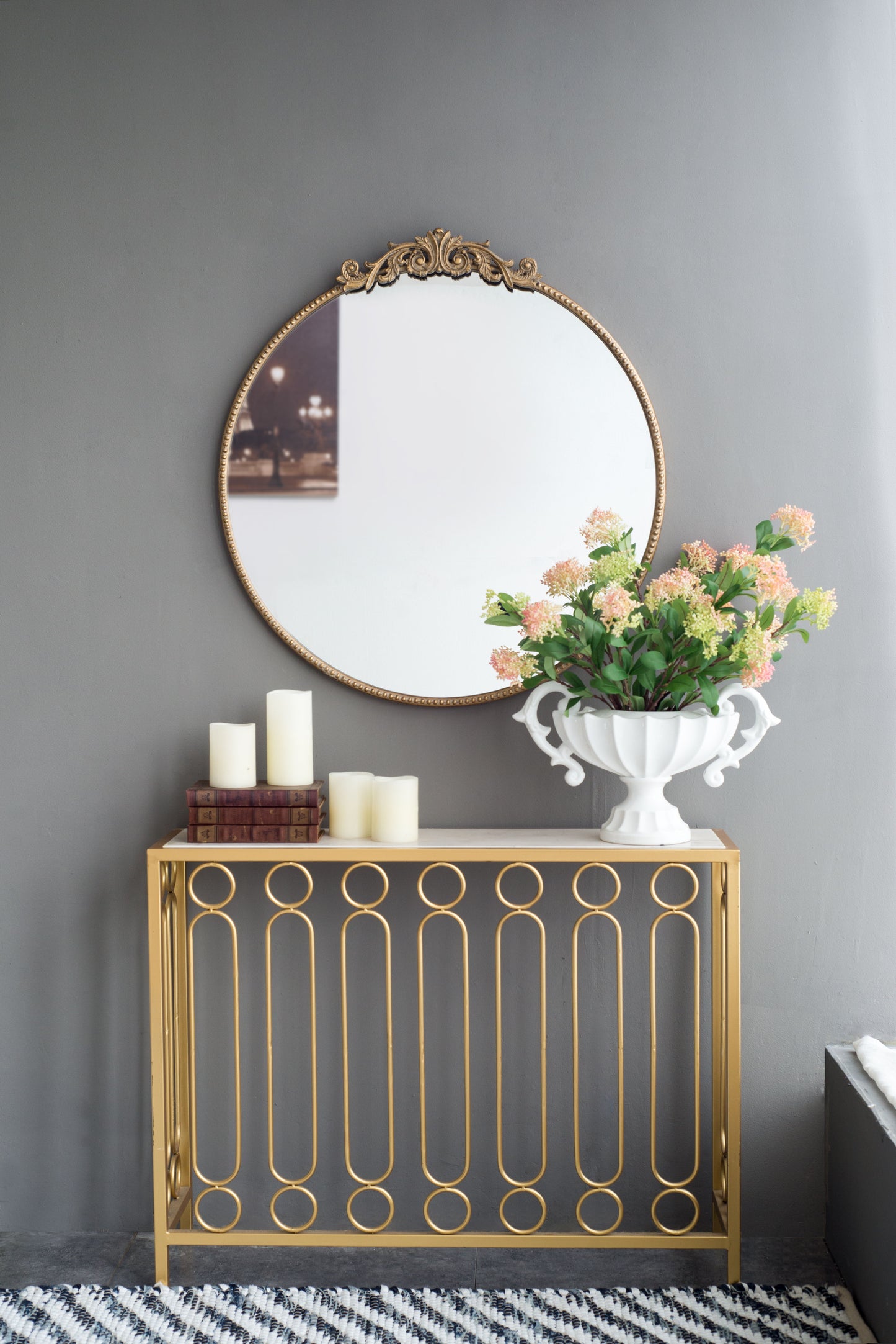 Classic Design Mirror With Round Shape And Baroque Inspired Frame For Bathroom, Entryway Console Lean Against Wall