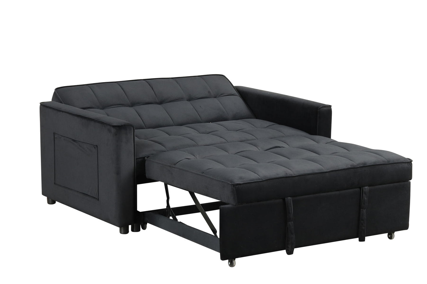 Maeve - 53.5"W Black Velvet Convertible Sleeper Loveseat With Tufting and Side Pocket