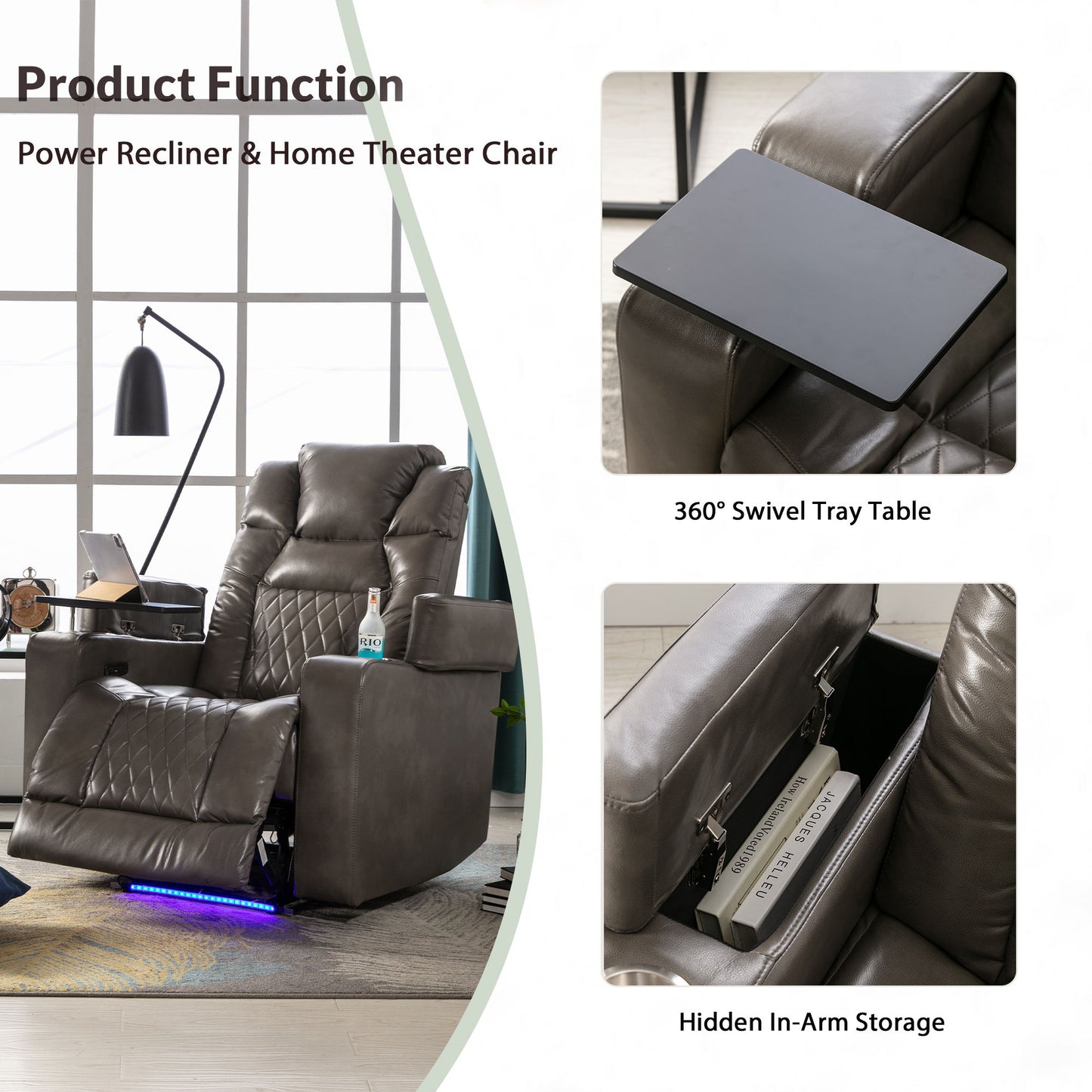 Power Motion Recliner With USB Charging Port And Hidden Arm Storage, Home Theater Seating With 2 Convenient Cup Holders Design And 360 Degree Swivel Tray Table