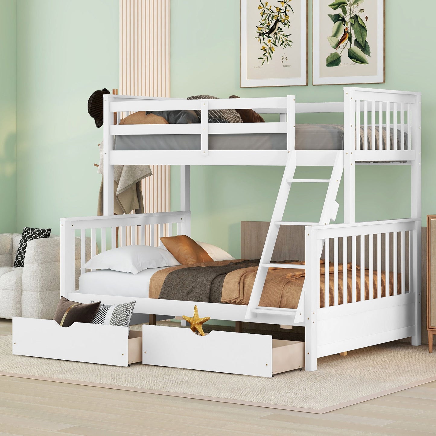 Twin Over Full Bunk Bed With Ladders And Two Storage Drawers