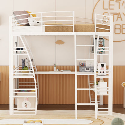 Loft Bed With 4 Layers Of Shelves And L-Shaped Desk, Stylish Metal Frame Bed With A Set Of Sockets, USB Ports And And Wireless Charging