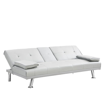 Sofa Bed With Armrest Two Holders Wood Frame, Stainless Leg, Futon - White