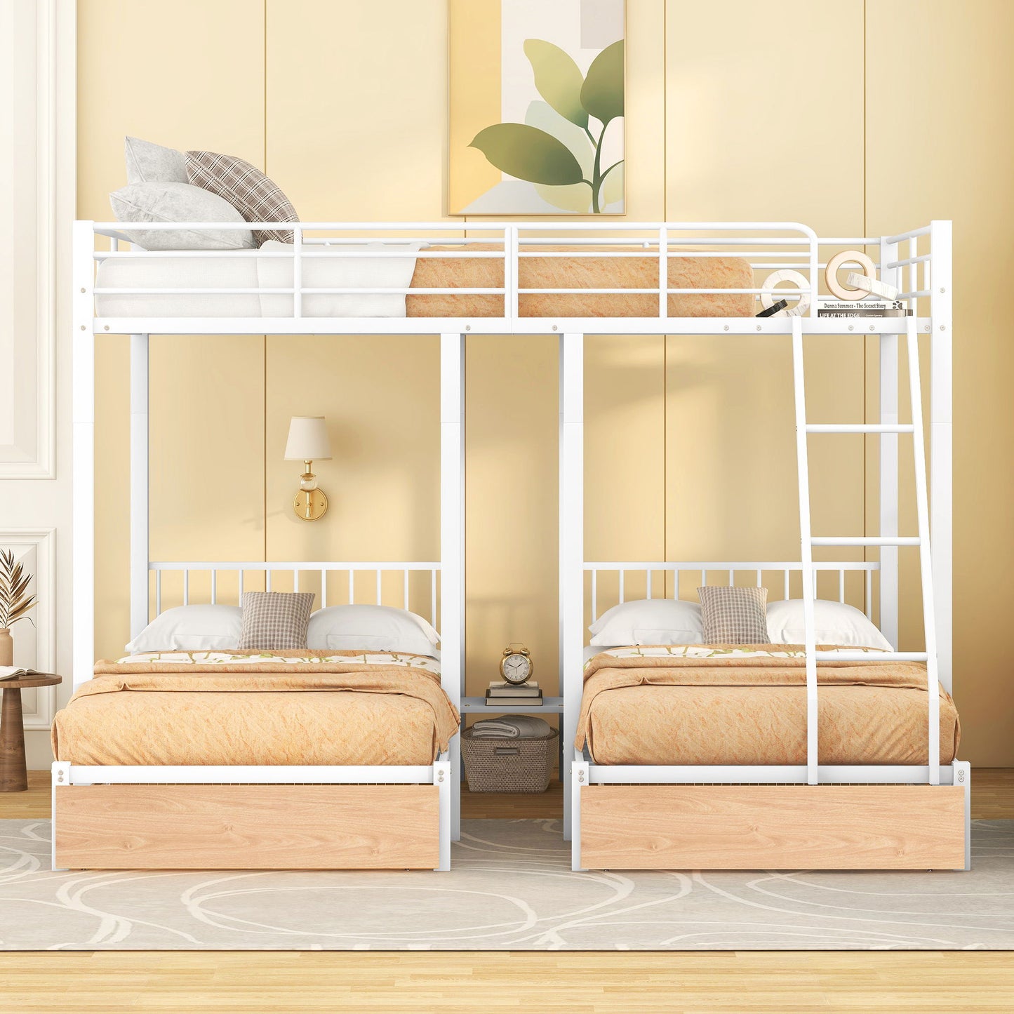 Bunk Bed, Metal Triple Bunk Bed With Drawers And Guardrails