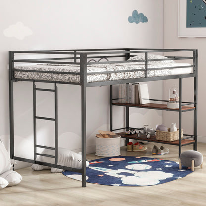 Adam - Junior Twin Loft Bunk Bed - Black With Cinnamon Wood Shelf