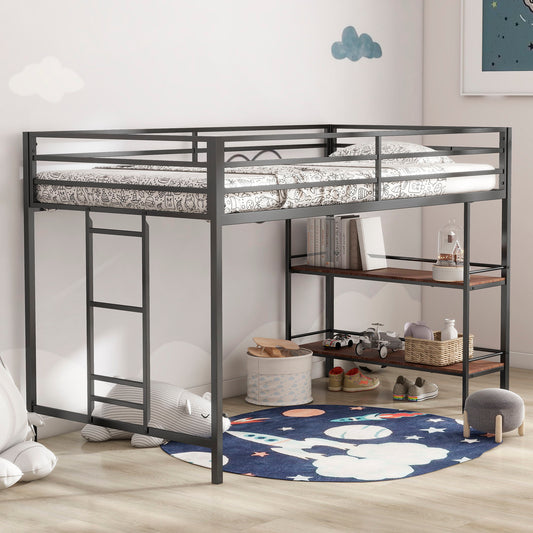 Adam - Junior Twin Loft Bunk Bed - Black With Cinnamon Wood Shelf