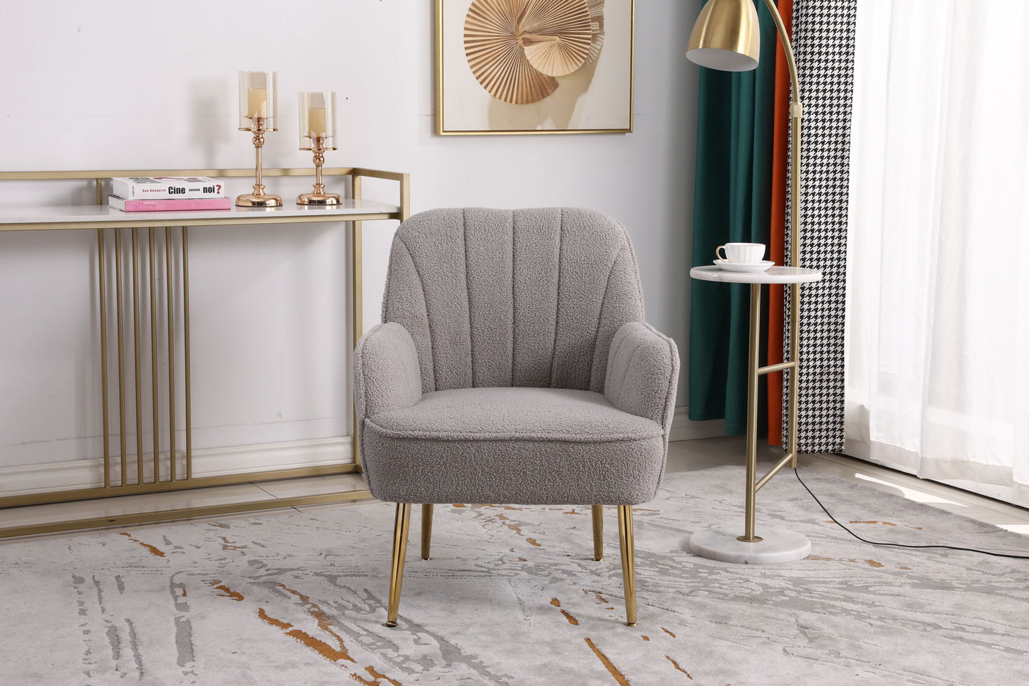 Modern Mid-Century Chair Linen Sherpa Armchair For Living Room Bedroom Office