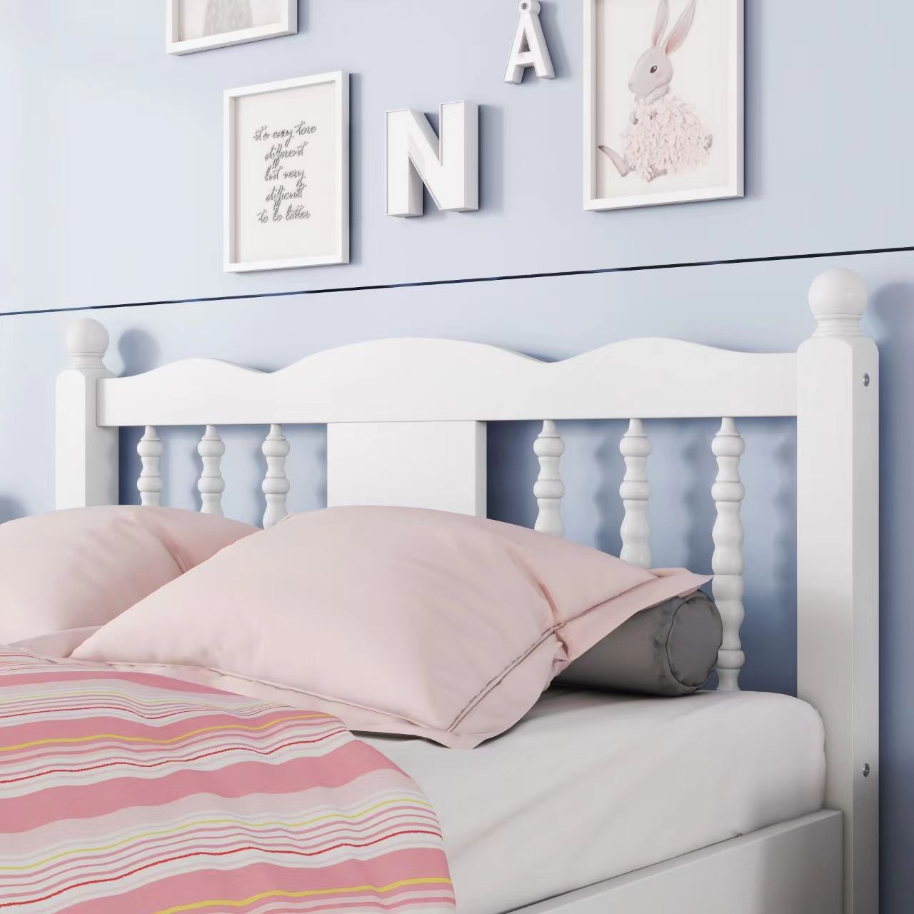 Bed With Column Decoration Headboard, With Bed Slats