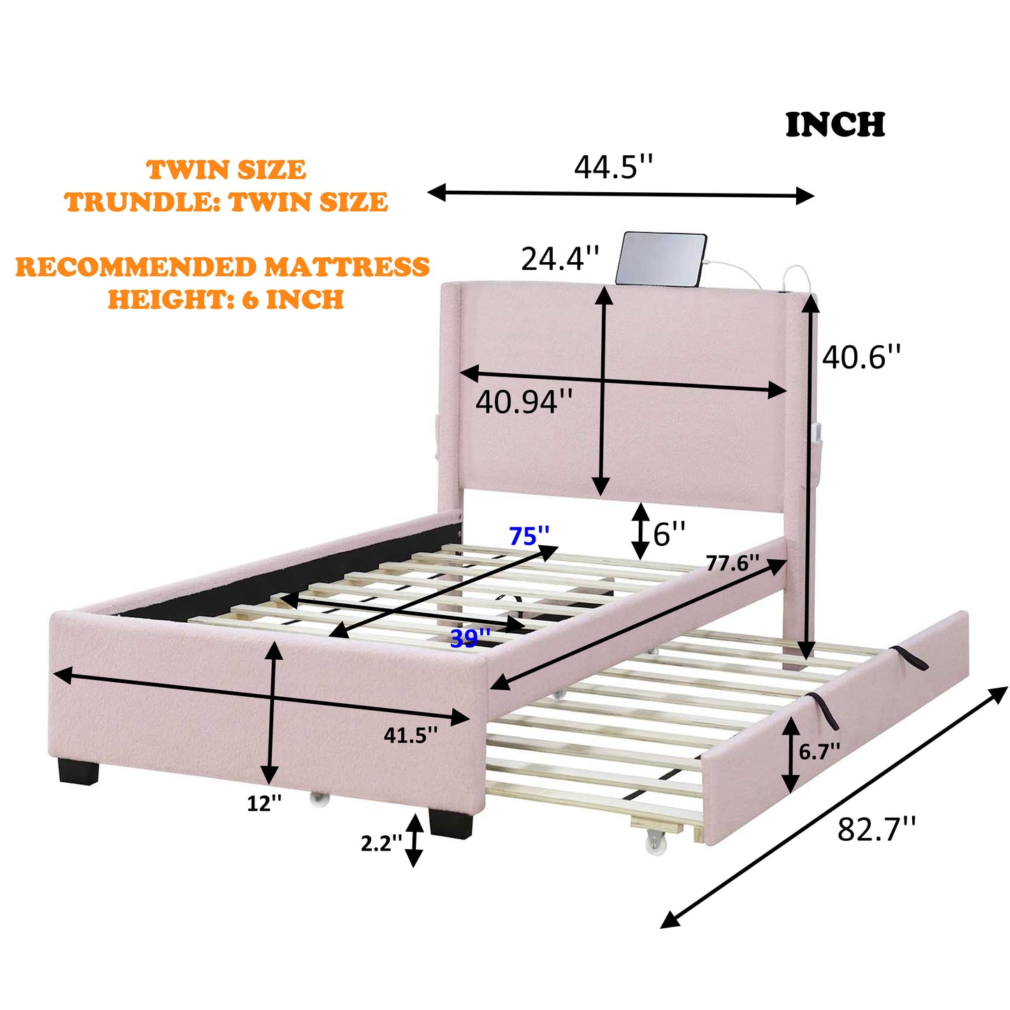 Twin Size Upholstered Bed Frame With Trundle Bed, Teddy Fabric, USB Functionality, And A Pocket Design On The Side Of The Headboard For Storing Small Items - Baby Pink