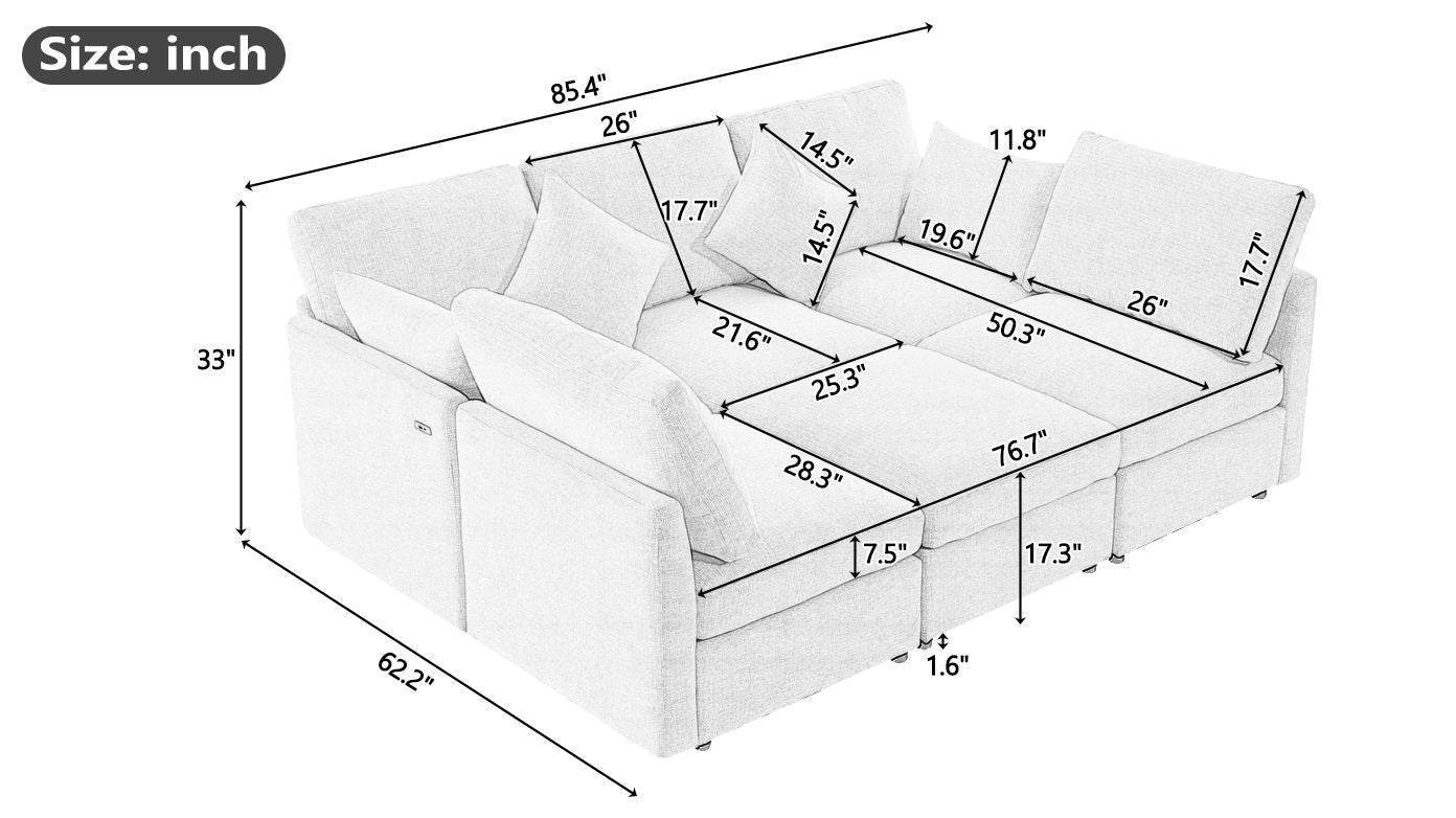 Sectional Sofa Modular Sofa U - Shaped Sofa Couch Sofa Bed L - Shaped Sofa With A Movable Ottoman And Two USB Ports For Living Room