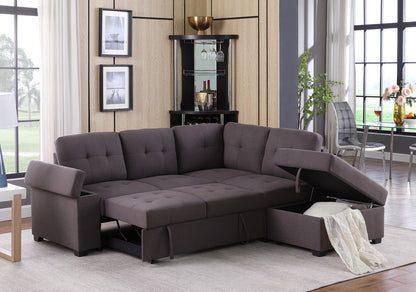 Katie - Linen Sleeper Sectional Sofa With Storage Ottoman, Storage Arm - Brown