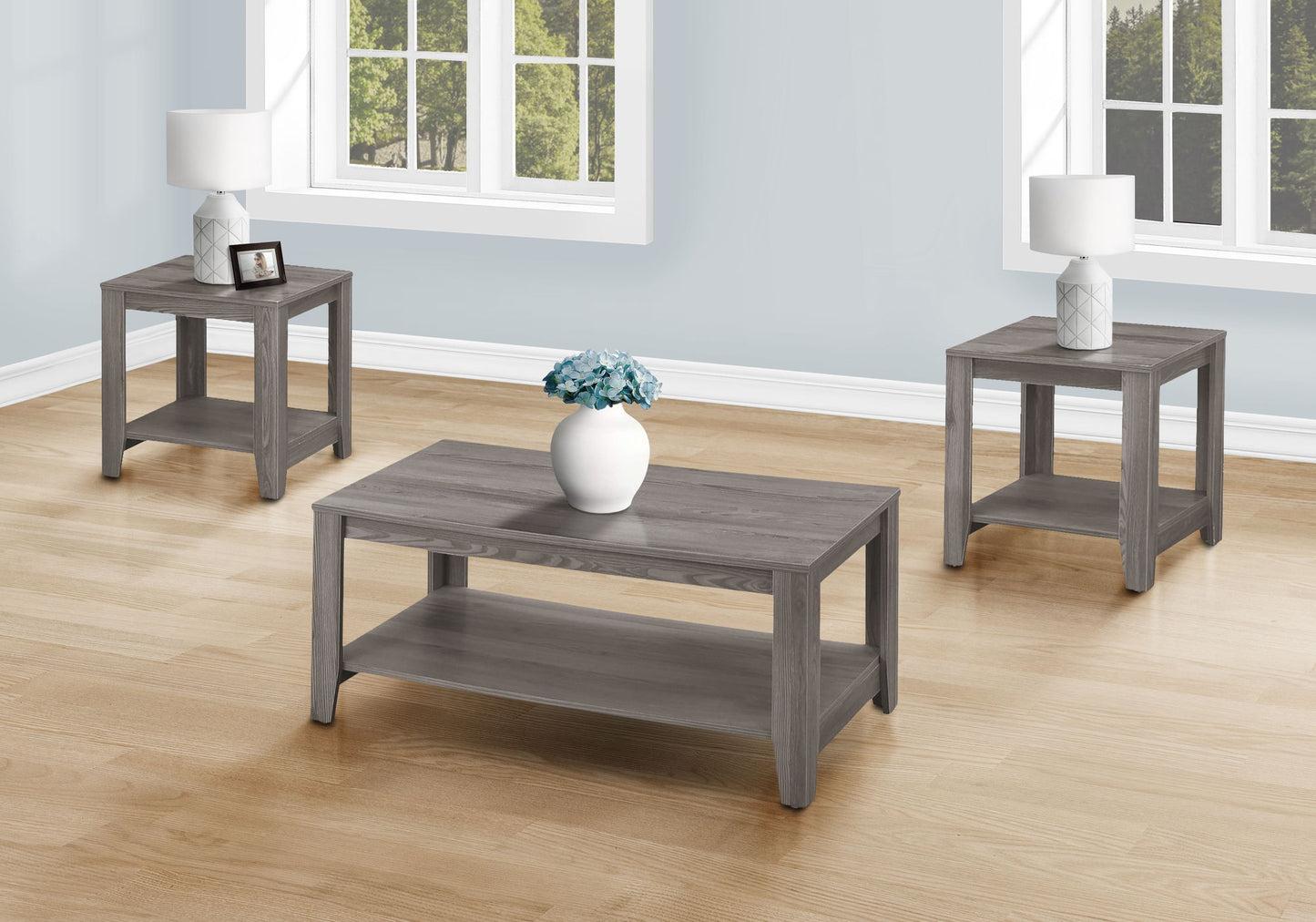 Transitional Table Set, Coffee, End, Side, Accent For Living Room (Set of 3) - Gray