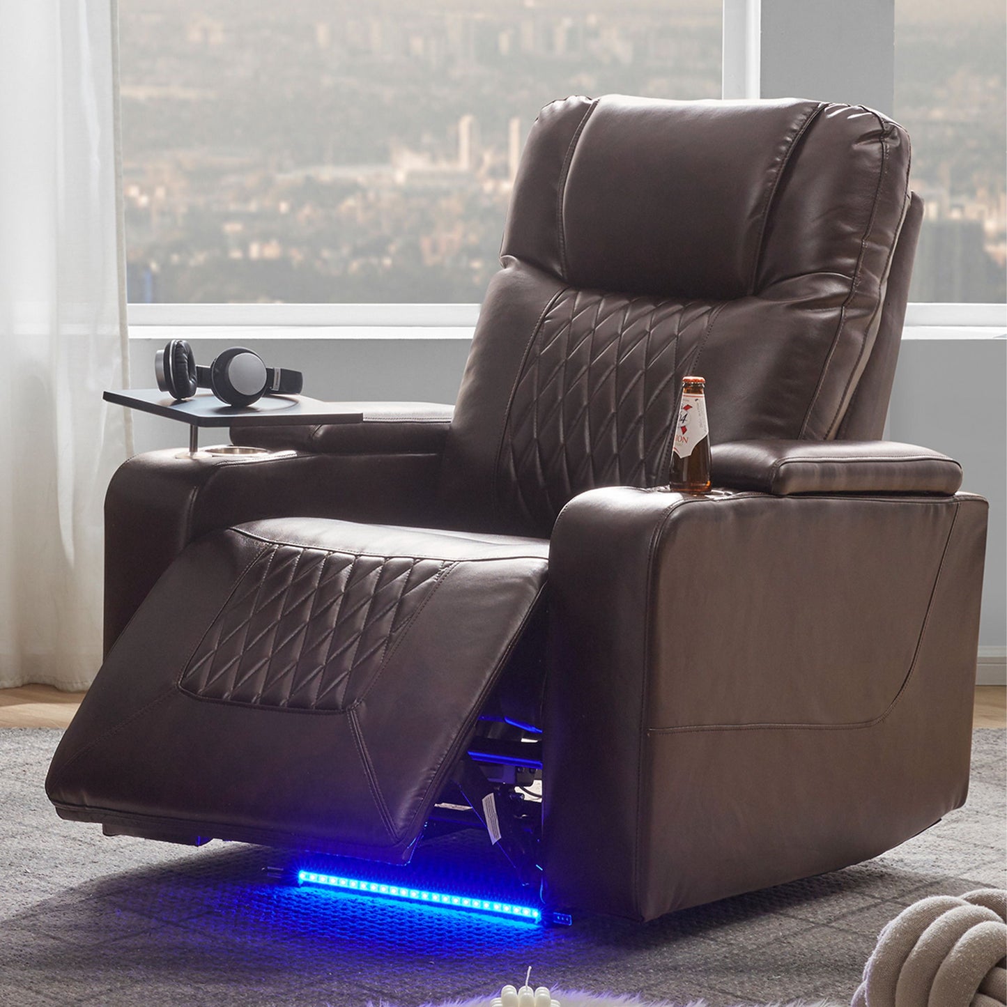 Power Motion Recliner With USB Charging Port And Hidden Arm Storage 2 Convenient Cup Holders Design And 360 Degree Swivel Tray Table