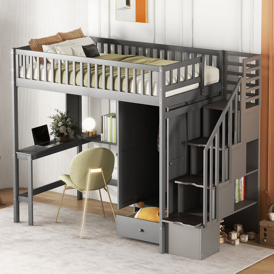 Twin Size Loft Bed With Bookshelf, Drawers, Desk, And Wardrobe - Gray