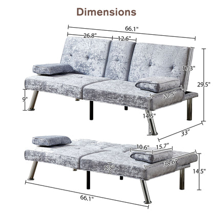 Sofa Bed, Loveseat Futon Sofa Bed With Removable Armrests, Adjustable Reliner Guest Bed Daybed For Small Space, Cup Holders, 3 Angles