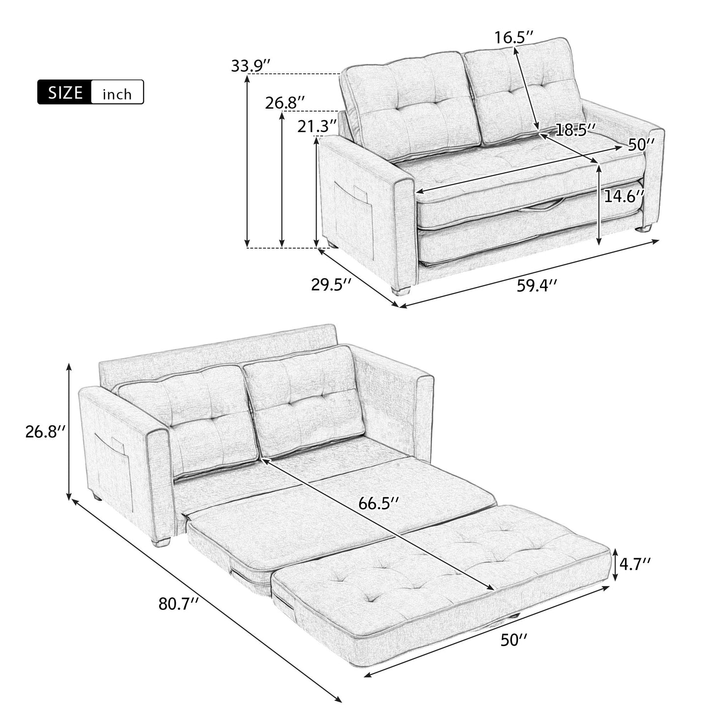 Loveseat Sofa With Pull-Out Bed Modern Upholstered Couch With Side Pocket For Living Room Office