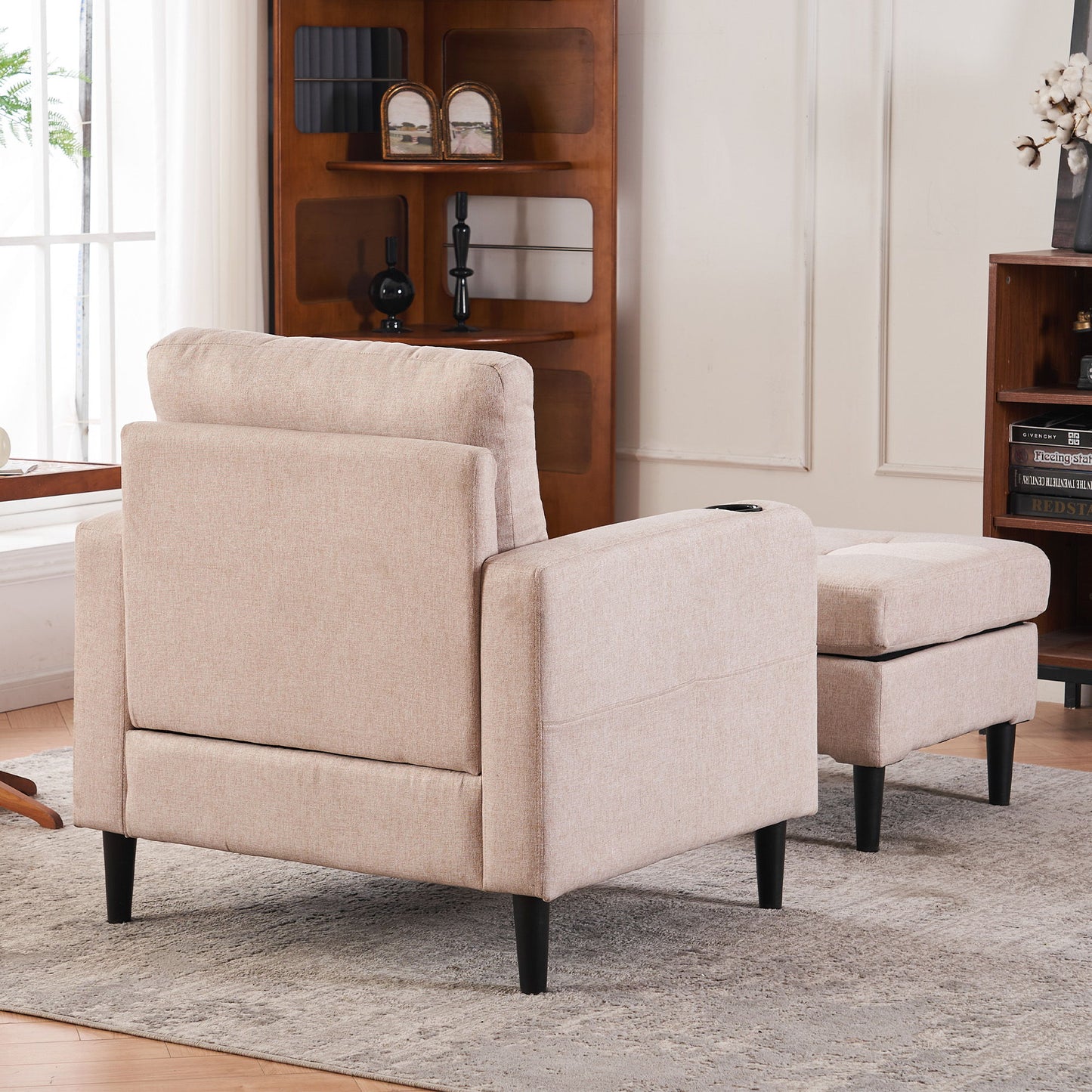 Beige Upholstered Armchair And Storage Ottoman Set, Comfortable Single Sofa With Cup Holders And Tufted Detailing, Ideal For Living Room Or Bedroom - Beige