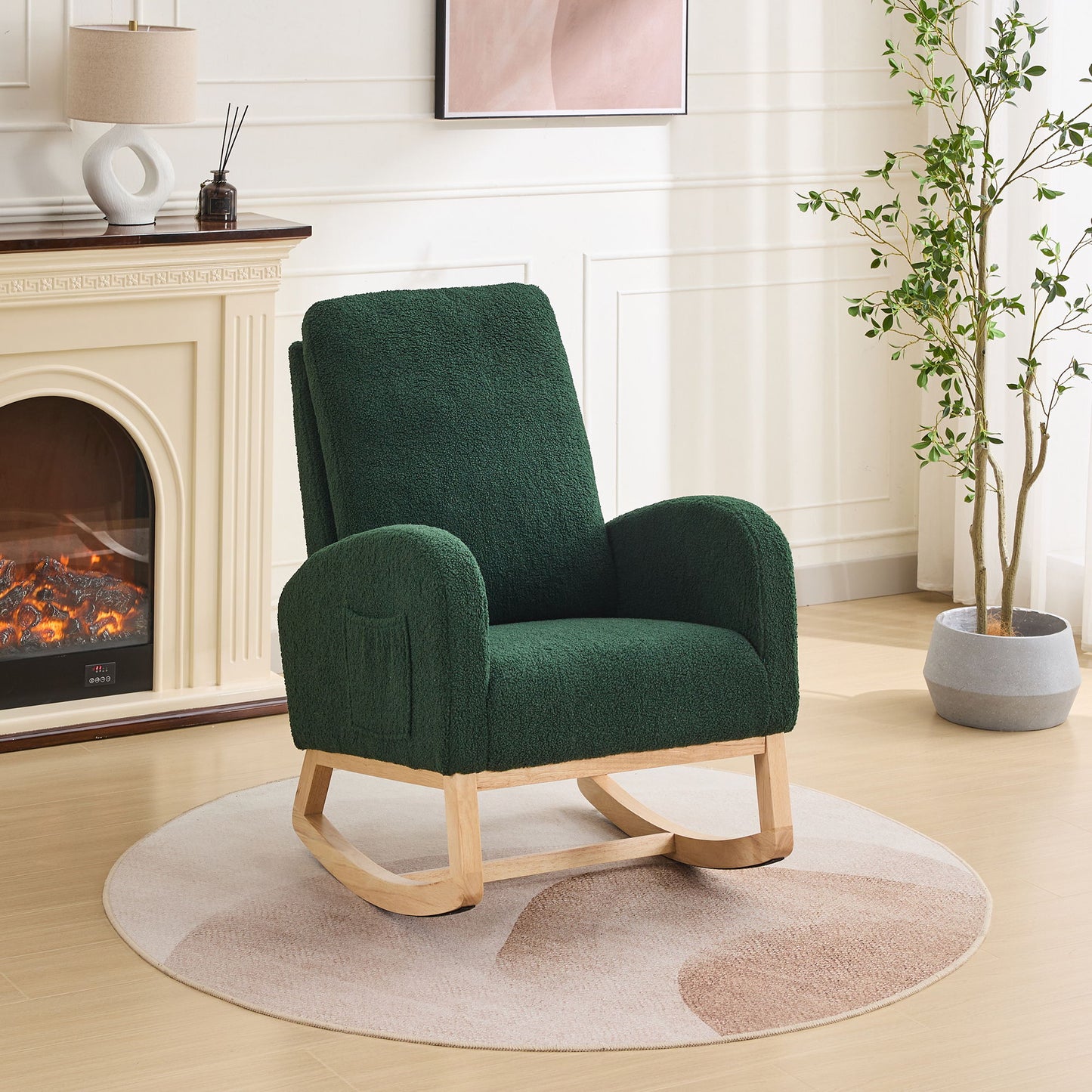 Rocking Chair For Nursery, Sherpa Glider Chair With High Back And Side Pocket, Rocking Accent Armchair With Rubber Wood Legs For Living Room / Bedroom