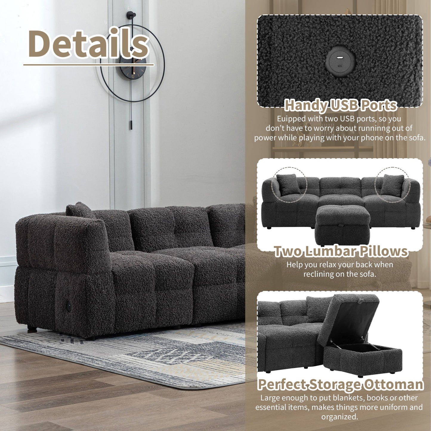 Sectional Sofa Cozy Teddy Fleece Sectional Sofa Couch With Two USB Ports A Movable Storage Ottoman And Two Lumbar Pillows For Living Room