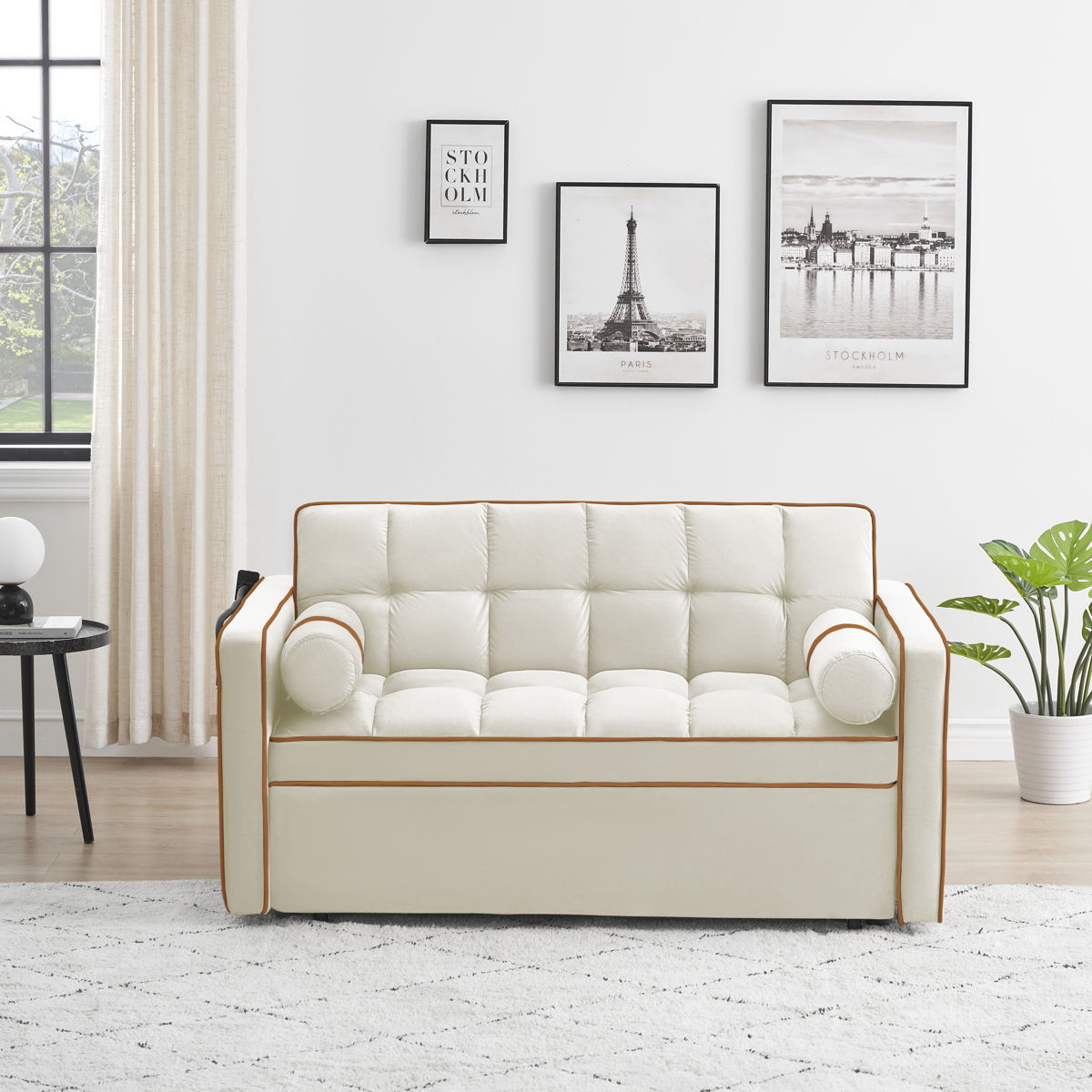 Modern Convertible Sleeper Sofa Couch With Pull Out Bed With Pillows & Side Pockets For Small Space, Living Room